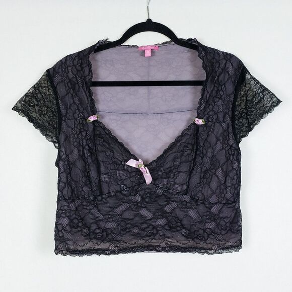 Sugar Thrillz Romantic Goth Coquette Black Lace Mesh Crop Top Womens 1X - Picture 1 of 10